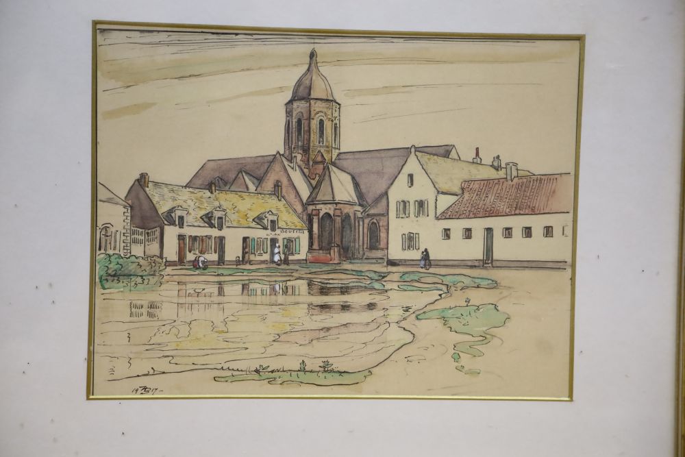 Thomas Austen Brown (1859-1924), ink and watercolour, The Church Etaples, signed and dated 1917, 24 x 32cm and a watercolour of a Dutch